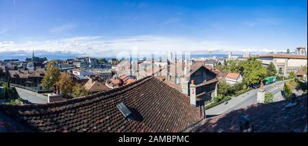 Lausanne, SCHWEIZ - 24. SEPTEMBER 2018: Panoramaaussicht in Lausanne, Schweiz. Lausanne ist eine Stadt am Genfersee im französischsprachigen Kanton Stockfoto