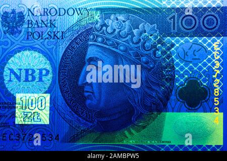 Polnisches Geld in UV-Strahlen, einer neuen Serie von Banknoten Stockfoto