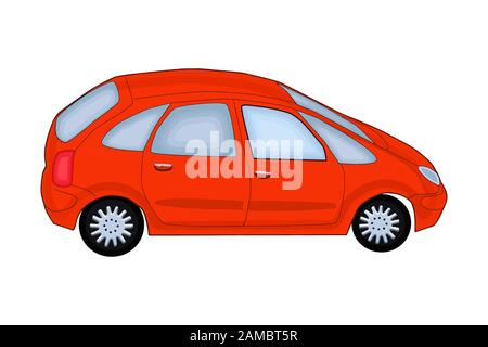 Rotes Auto isoliert auf weißem Hintergrund. Seitenansicht, flaches rotes Auto. Rote, realistische Limousine. Transportfahrzeug. Cartoon Stock Vector Illustration Stock Vektor
