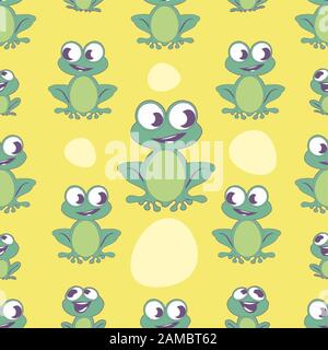 Nahtloses Muster aus niedlichem Frosch im Cartoon-Stil auf farbenfrohem Hintergrund Stock Vektor
