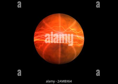 Abstrakter roter Planet. Abstrakte Kugel auf schwarzem Hintergrund Stockfoto