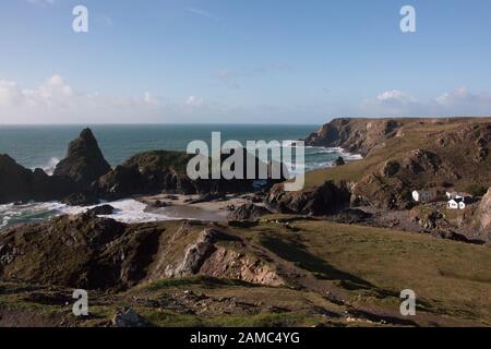 Kynance Cove mit weiß getünchtem Café vom South West Coast Path Stockfoto