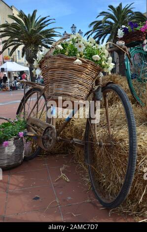 Foto von dekorativen Fahrrad mit Blumen Stockfoto