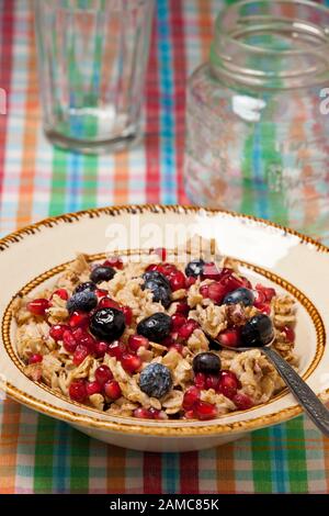 Gesundes Frühstück mit Haferbrei, Blaubeeren und Granataatsamen, mit Mikronahrungsmitteln und Antioxidantien Stockfoto