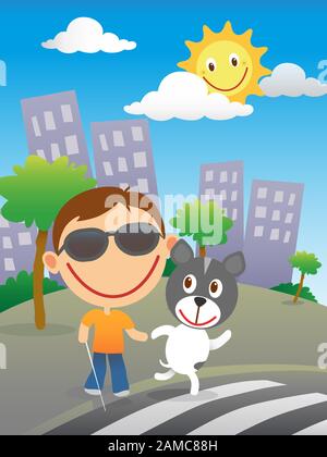 Ein glückliches blindes Kind mit Rohrstock und Sonnenbrille überquert an einem Zebraübergang mit seinem Quidhund an einem sonnigen Tag in der Stadt die Straße. Stock Vektor