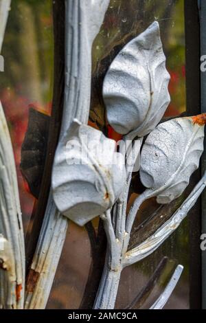 Fragment aus Glas dekorative Gitter mit Ästen und Blättern. Detail des alten schmiedeeisernen Zaun mit pflanzlichen Elemente mit Peeling Weiß Lack Stockfoto