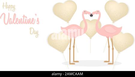 Fröhlicher Valentinstag und verliebt sich in Flamingos, Komposition mit Ballons in Form von Herzvektor-Illustration in flachem Stil Stock Vektor