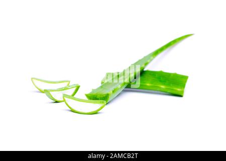 Stücke grüner Aloe Vera isoliert auf leerem weißen Tisch, Nahaufnahme Stockfoto