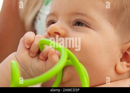 Schönes Nahaufnahmen von niedlichem blondem Baby mit braunen Augen, die in einem grünen Kunststoff-Beißring beißen. Nahaufnahme. Stockfoto