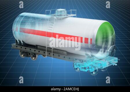 Visualisierung 3D-Cad-Modell des Tankwagens, Blaupause. 3D-Rendering Stockfoto