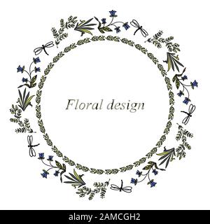 Ovaler Rahmen für Ihren Text aus Vektorelementen, Gras, Blättern und Libellen. Stock Vektor