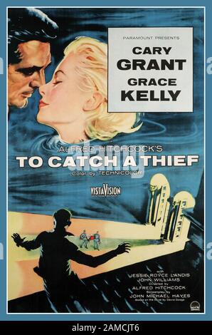 Vintage Movie Film Poster To Catch a Thief (1955) Mit Cary Grant und Grace Kelly. Regie führte Alfred Hitchcock To Catch a Thief ist ein US-amerikanischer Romantik-Thriller-Film von Paramount Pictures aus dem Jahr 1955 in VistaVision Stockfoto