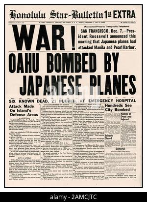 PEARL HARBOUR ATTACK OAHU Vintage Pearl Harbor Schlagzeilen 7. Dezember 1941 Überraschung Japanische Bombardierung von Pearl Harbor Zeitung Schlagzeile von Honolulu Star Bullentin “KRIEG! Oahu bombardiert von japanischen Flugzeugen“ Sonntag, den 7. Dezember 1941 Beginn des Zweiten Weltkriegs zwischen dem imperialen Japan und den USA Stockfoto