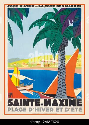 Sainte-MAXIME dreißiger Jahre französischer Reiseposter Cote d'Azure SAINTE-MAXIME plage d'hiver et d'été cote d'azur la cote des maures lithograph in Colors, c. September, gedruckt von Lucien Serre & Cie., Paris, von Roger Broders (1883-1953) Stockfoto