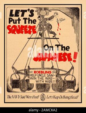 Plakat zur Amerikanischen Kriegsproduktion des zweiten Weltkriegs aus den vierziger Jahren des zweiten Weltkriegs zeigt, dass Adolf Hitler mit "roebling"-Draht erwürgt wird und einen Dolch, der mit Blut aus Pearl Harbor tropft, "bei ROEBLING können wir ONKEL SAM HELFEN, DEN KRIEG MIT DRAHT ZU GEWINNEN" Stockfoto