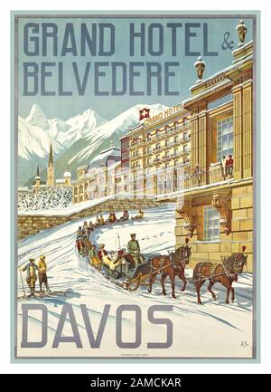 Davos Vintage 1900 Luxury Winter Ski Travel Holiday Poster für DAVOS Schweiz mit "The Grand Hotel Belvedere" im Schnee mit Pferdeschlittenschlitten und Schlitten. Von Künstler Hans Eggimann Stockfoto