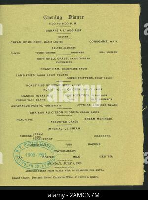SONNTAGSESSEN (ABENDS) (VERANSTALTET VON) HOTEL VICTORY (AT) IN BAY ISLAND, OH (HOTEL;) PEA GREEN PAPER; SONNTAGSESSEN (ABEND) [VERANSTALTET VON] HOTEL VICTORY [AT] PUT IN BAY ISLAND, OH (HOTEL;) Stockfoto