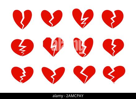 Icons Collection Broken Hearts, Heart Crack, Unlove Symbol. Scheidung, Beziehungskrise, Zeichen für familiäre Probleme. Rote Vektorsymbole auf weiß eingestellt Stock Vektor