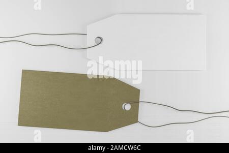 Leere Tags gebunden. Preisschilder, Geschenkanhänger, Verkaufsanhänger, Adressetikett. 3D-Darstellung rendern Stockfoto