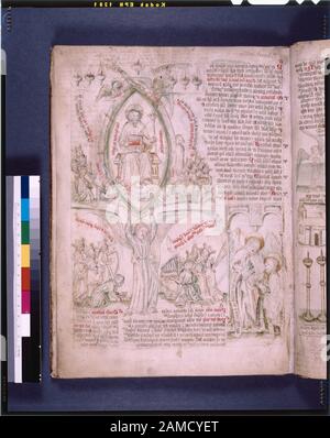 Zweite Vision - ein Engel zeigt Johannes eine Vision Gottes in Majestät, mit Symbolen der vier Evangelisten, wie die Ältesten in Anbetung Kneten, Die In De Ricci, Seymour, Census of Medieval and Renaissance Manuscripts in den Vereinigten Staaten und Kanada aufgeführt sind. New York. N. Y.: H.W. Wilson, 1935; and Supplement, New York, N. Y.: Bibliographical Society of America, 1962. Eigentum: Von der Abtei von Citeaux. Quaritch an J. Lenox verkauft. Textanfang fehlt. De Ricci, 1318. Henkel-Volumen. Bibliotheksdossier. Zu Beginn unvollkommen. Pergament In Bezug auf Morgan und Wellcome Apocalypses. Text in und ar geschrieben Stockfoto