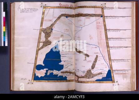 Zweite Karte von Asien (in der Region um und in der Region), in voller Goldgrenze "Latina: Secunda Asiae Tabula English: Aufgeführt in De Ricci, Seymour, Census of Medieval and Renaissance Manuscripts in den Vereinigten Staaten und Kanada. New York. N. Y.: H.W. Wilson, 1935; and Supplement, New York, N. Y.: Bibliographical Society of America, 1962. Eigentum: Originalwappenkleid abgeschabt. Der frühe Besitzer L.B. von Arms jetzt f. 1. 1 Schreiber. 27 Karten. Auf 1:10-zeilige Goldinitiale mit Vinescroll bis zum Rand. Goldrubrik. Wappen. 9-zeilige goldene Initialen mit Vinescroll erscheinen an Öffnungen von Major se Stockfoto