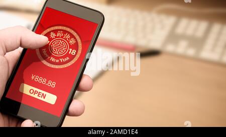 Hand-Holding-Smartphone mit digitalem roten Paket für chinesisches Neujahr auf dem Bildschirm - Feiertage Feiern und Technologiekonzept. Stockfoto