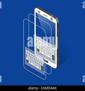 Weißes isometrisches Smartphone mit Tastatur, Ansicht rechts Stock Vektor