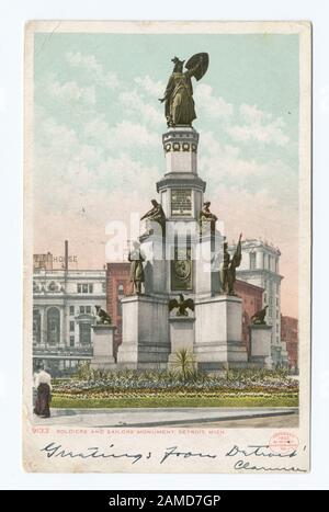 Soldier's and Sailors' Monument, Detroit, ich Postcard Seriennummer: 9133 Wurde Detroit Publishing Company. Neuer Aufdruck mit Künstler-Palettenmarke. Enthaltene Bilder mit Daten vor 1906.; Soldier's and Sailors' Monument, Detroit, ich. Stockfoto