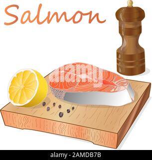 Rohe Lachsfilets mit Kräutern auf Holztisch. Weißer Hintergrund. Vektorgrafiken. Stock Vektor