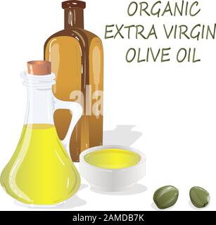 Natives Olivenöl der Premiumklasse und einige Oliven auf weißem Hintergrund isoliert. Vektorgrafiken handgefertigt. Stock Vektor
