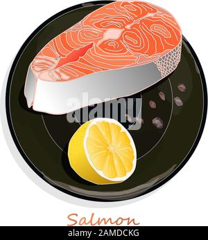 Rohe Lachsfilets mit Kräutern auf dem Teller. Weißer Hintergrund. Vektorgrafiken. Stock Vektor