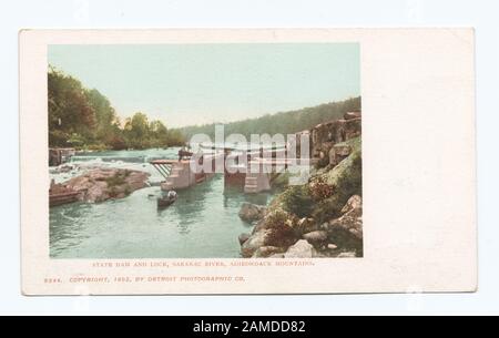 State Dam and Lock, Saranac River, Adirondack Mts, N Y Postcard-Seriennummer: 6544 1902-1903. Umstellung auf vollständige Darstellung, wenn Postvorschriften Adressen und Nachrichten auf der Rückseite gemeinsam erlaubten.; State Dam und Lock, Saranac River, Adirondack Mts., N. Y. Stockfoto