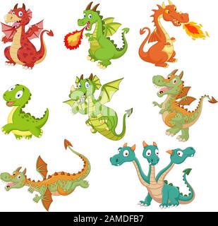 Satz Dragoner-Cartoon auf weißem Hintergrund Stock Vektor