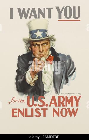 Vintage-Poster Vereinigte Staaten von Amerika Onkel Sam Maskottchen klassisches Kriegs-Armee-Rekrutierungs-Poster und Nachrichten Ich will dich jetzt für die US-Armee-Enlist Stockfoto