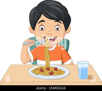 Cartoon kleiner Junge, der Spaghetti isst Stock Vektor