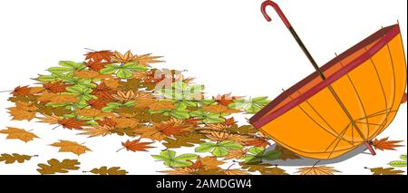 Regenschirm. Sammlung bunter getrockneter Blätter. Herbst, Herbst Konzept.Vektor-Illustration. Stock Vektor