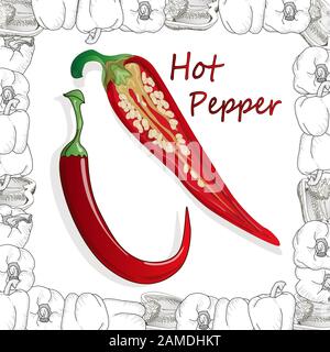 Nahaufnahme der Paprika auf weißem Hintergrund, Konzept der Rohkost. Handgefertigte Vektorgrafiken. Stock Vektor