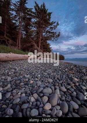 Wunderschöner Sonnenuntergang am runden, felsigen Strand entlang des French Beach auf Vancouver Island, British Columbia, Kanada Stockfoto
