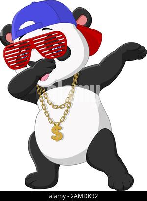 Cooler Panda Dabbing-Tanz mit Sonnenbrille, Hut und goldener Halskette Stock Vektor