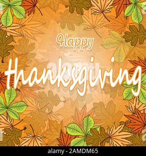 Fröhliches Erntedank-Drehbuch mit Kürbissen und hinterlässt Vektorgrafiken auf weißem Hintergrund. Stock Vektor