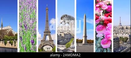 Satz vertikaler Banner mit berühmten Wahrzeichen von Paris, der Hauptstadt Frankreichs. Eiffelturm, Kathedrale Notre Dame, Egyptian Luxor Obelisk auf Place de la C Stockfoto