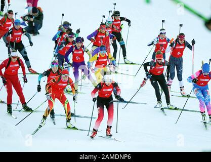 Les Rousses, Frankreich. Januar 2020. Athleten treten während der Biathlon-Einzel-Mixed-Staffel bei den 3. Olympischen Winter-Olympischen Spielen im Les Tuffes Nordic Centre in Les Rousses, Frankreich, 12. Januar 2020 an. Kredit: Yang Shiyao/Xinhua/Alamy Live News Stockfoto