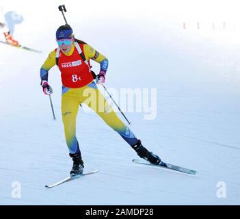 Les Rousses, Frankreich. Januar 2020. Sara Andersson aus Schweden tritt im Rahmen der Biathlon-Einzel-Mixed-Staffel bei den 3. Olympischen Winter-Olympischen Spielen im Les Tuffes Nordic Centre in Les Rousses, Frankreich, 12. Januar 2020 an. Kredit: Yang Shiyao/Xinhua/Alamy Live News Stockfoto