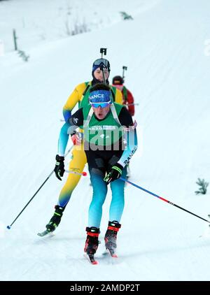 Les Rousses, Frankreich. Januar 2020. Mathieu Garcia (vorne) aus Frankreich tritt im Biathlon-Einzel-Mixed-Staffel bei den 3. Olympischen Winter-Jugendspielen im Les Tuffes Nordic Centre in Les Rousses, Frankreich, 12. Januar 2020 an. Kredit: Yang Shiyao/Xinhua/Alamy Live News Stockfoto