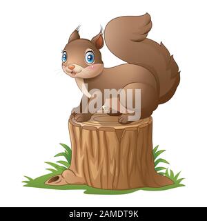Niedliche Eichhörnchen Cartoon auf Baumstumpf Stock Vektor
