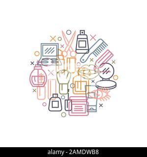 Kosmetisches Konzept mit Symbolen und Schildern in Linienform Stock Vektor