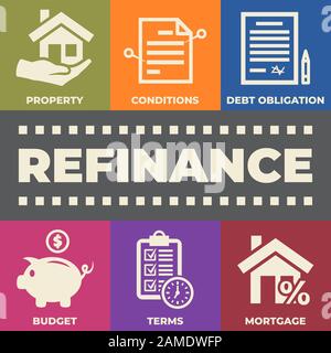 Refinanzierungskonzept mit Symbolen und Schildern Stock Vektor