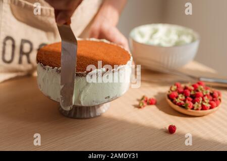 Ebenen des Menschen Hand Creme auf Kuchen, Kuchen Dekor. Und Biskuitteig. Stockfoto