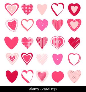 Set mit Valentinsherzsymbolen in verschiedenen Formen, rot und rosa Farben. Kollektion von Designelementen zum Valentinstag. Flaches Design. Isoliert auf Whi Stock Vektor
