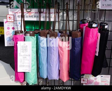 Kyoto, Japan - 28. November 2016. Sonnenschirme in der Altstadt von Kyoto, Japan, verkaufen. Kyoto diente von 794 bis 186 als japanische Hauptstadt und Residenz des Kaiser Stockfoto